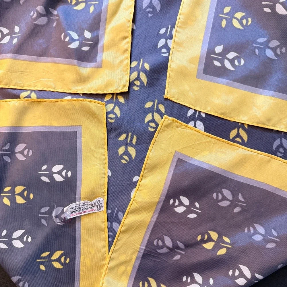 Vintage Japan Acetate Square Scarf‎ Bundle Floral Geometric Blue Yellow Grey 2pc